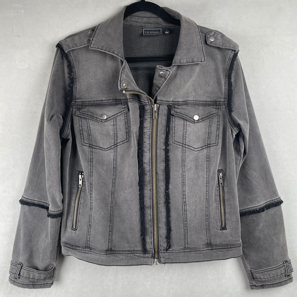 G by Giuliana Black Label Grey Denim Jacket Frayed Moto Style Edgy Grunge Wmns L